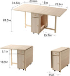 COMUHOME Wood Drop Leaf Folding Dining Table with 2 Drawers and 4 Wheels, Wooden Padded Dining Chairs Set of 4, Space Saving Dining Table with 4 Chairs for Living Room Kitchen Farmhouse