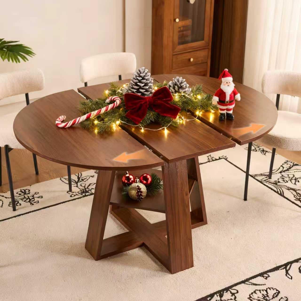 ClinQ 43.3-59in Extendable Round Room Dining Table for 4-6, Modern Kitchen Oval Dining Room Table, Removable Leaves Space Saving, Wooden Base Storage Shelf, Kitchen, Living Room, Dining Room, LWalnut