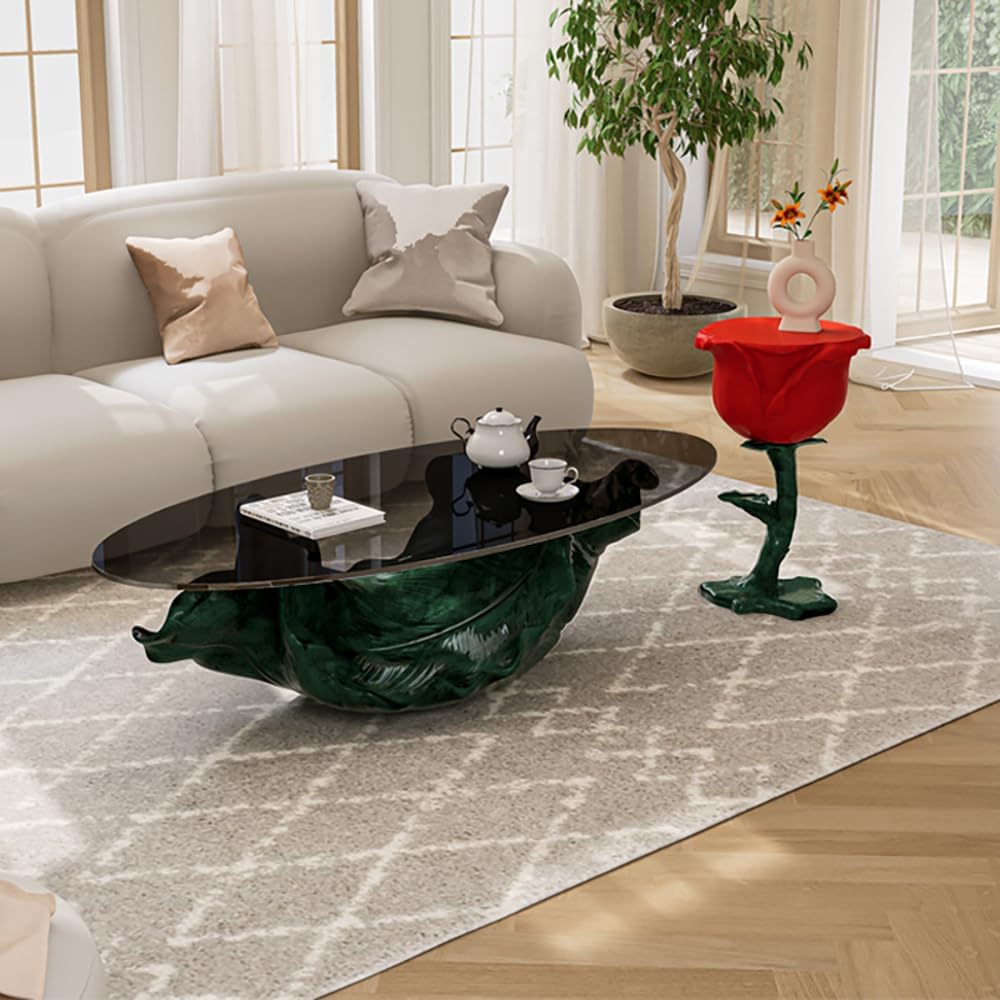 LOVEDIMA Modern Small End Table,Red Resin Rose Sculpture Cute Pedestal Side Table with Tray