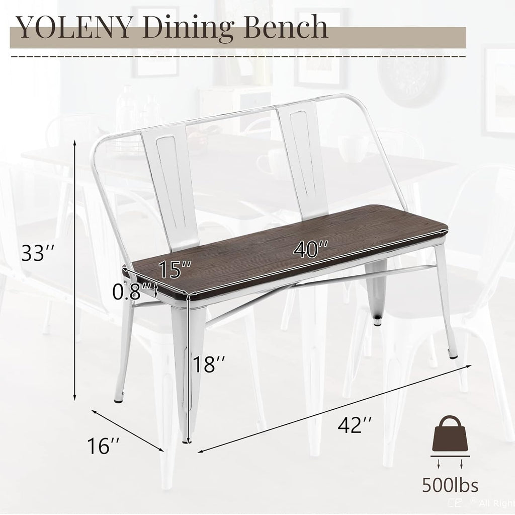 YOLENY Dining Bench, Entryway Bench with Back, Farmhouse Metal Dining Bench, Industrial Mid-Century 3 Person Rustic Spindle Bench, with Wood Seat, Removable Backrest, 42in, White