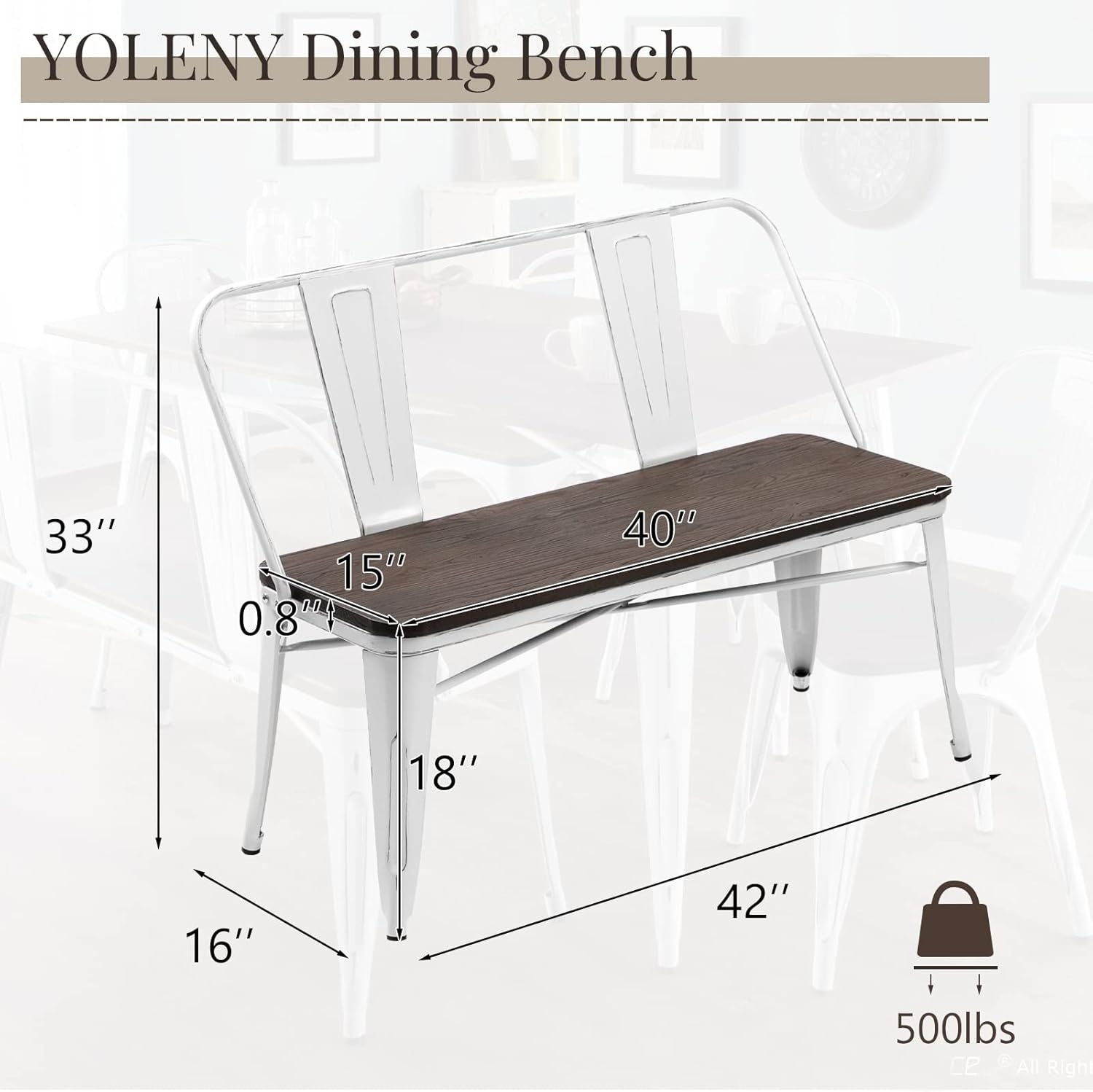 YOLENY Dining Bench, Entryway Bench with Back, Farmhouse Metal Dining Bench, Industrial Mid-Century 3 Person Rustic Spindle Bench, with Wood Seat, Removable Backrest, 42in, White