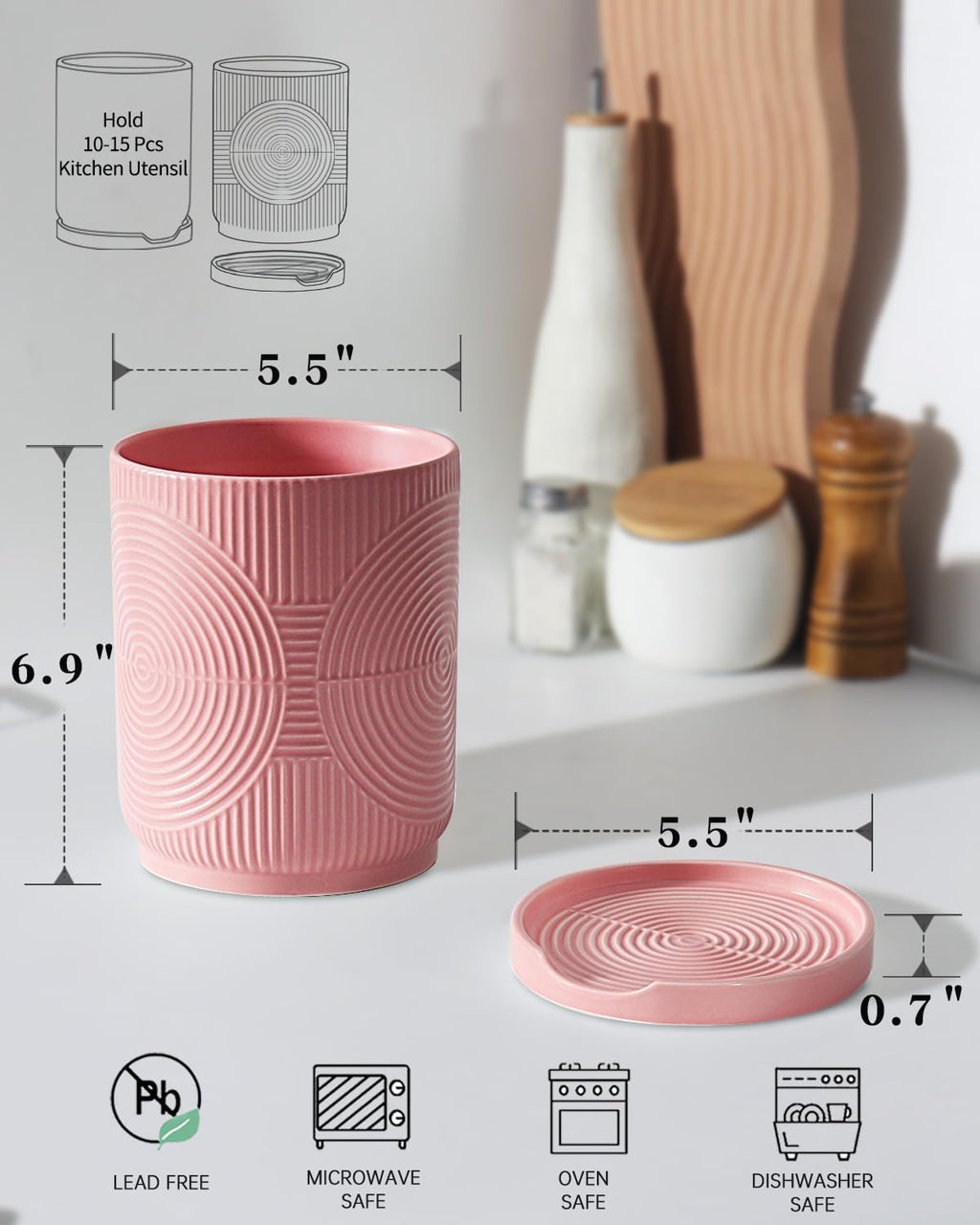 Utensil Holder, 7.2" Kitchen Utensil Holder for Counter, 2-in-1 Ceramic Cooking Utensils Holders with Spoon Rest, Utensil Crock for Spatula, Ideal Housewarming Gift (Pink)