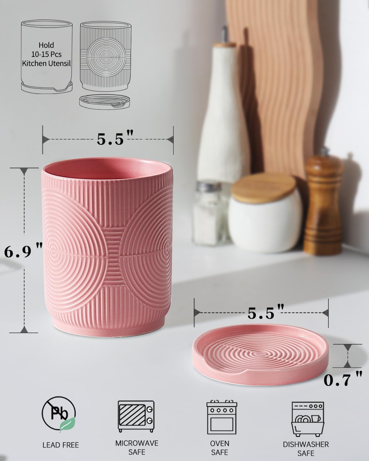 Utensil Holder, 7.2" Kitchen Utensil Holder for Counter, 2-in-1 Ceramic Cooking Utensils Holders with Spoon Rest, Utensil Crock for Spatula, Ideal Housewarming Gift (Pink)