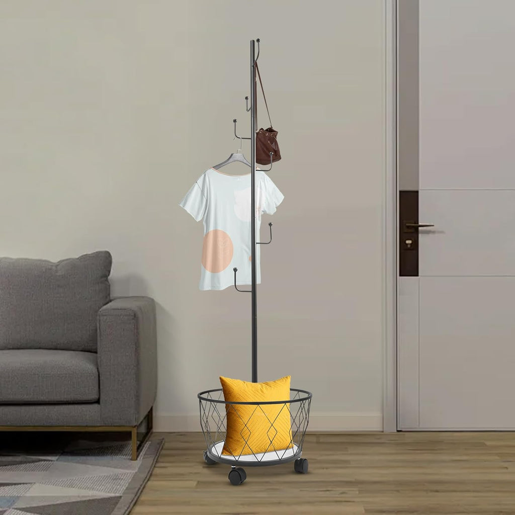 Coat Rack Freestanding with Storage Basket Black Hall Tree Entryway Organizer Coat Stand with Hooks for Hat Bag Scarf Shoe Bedroom Living Room Office