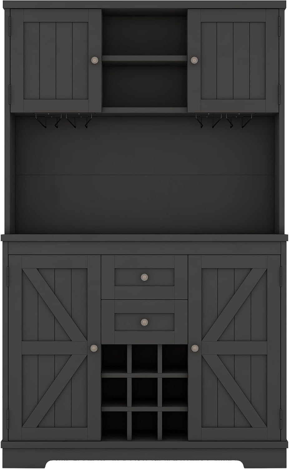 Farmhouse Kitchen Buffet Cabinet with Storage, Black Food Pantry Organizer with Wine Racks, Glass Shelves & Drawers for Dining Room