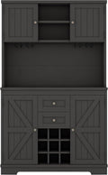 Farmhouse Kitchen Buffet Cabinet with Storage, Black Food Pantry Organizer with Wine Racks, Glass Shelves & Drawers for Dining Room