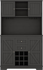 Farmhouse Kitchen Buffet Cabinet with Storage, Black Food Pantry Organizer with Wine Racks, Glass Shelves & Drawers for Dining Room