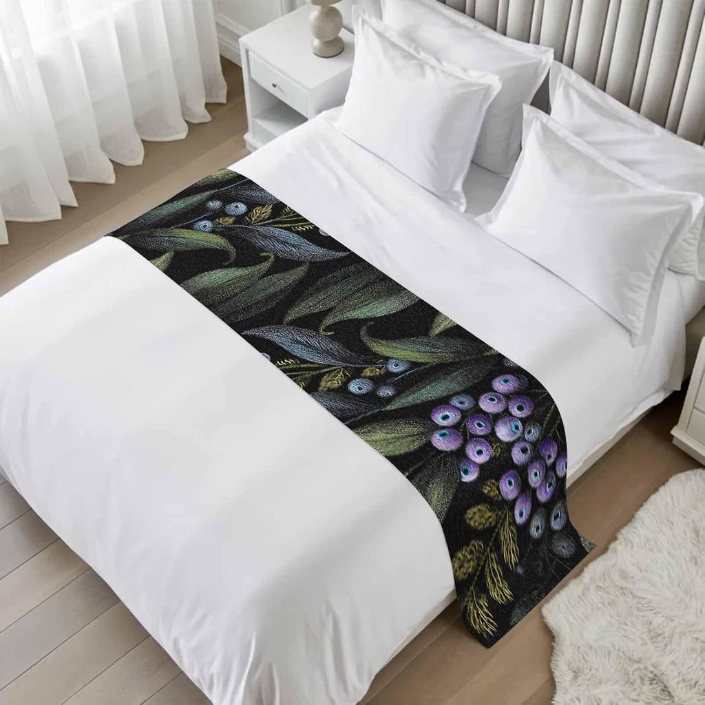 Purple Barrier Bed Runners for Queen Size Beds, Decorative Bed Throws for Foot of Beds, Luxury Bedding Protector Slipcover Vintage Abstract Art Botanical Leaves Bedrunners & Scarves for Hotel, 94"x20"