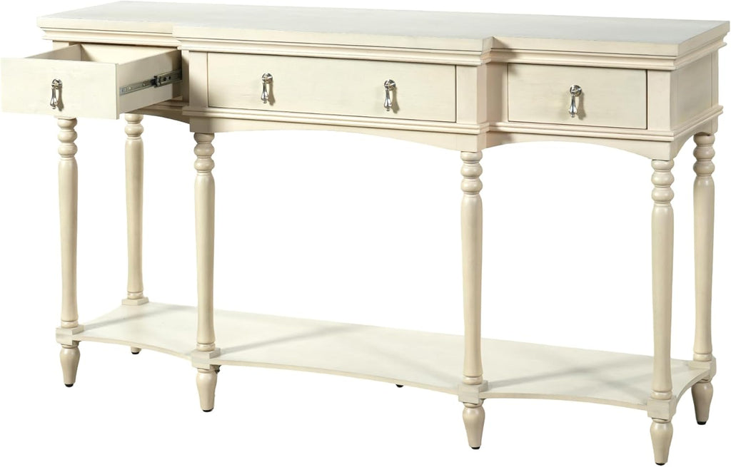 Christopher Knight Home Cally Wood Console Table with Drawers & Bottom Shelf, Narrow Entryway Table with Turned Roman Legs, Traditional Rectangular Wall Table for Living Room Study Hallway, White