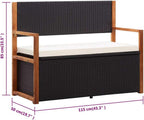 Patio Storage Bench, 45.3 Inch Poly Rattan and Solid Acacia Wood Garden Bench with Cushion, Outdoor Indoor Furniture Deck Box Storage Seat for Backyard, Black