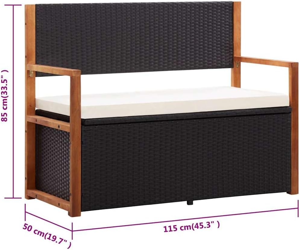 45.3" Storage Bench for Patio Garden, Poly Rattan Outdoor Bench with Large Storage Box and Solid Acacia Wood Accents, 2-Seat Deck Furniture with Comfortable Cushion, Black