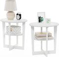 Furinno Jaya Side Table Set of 2, 2-Tier Round Modern End Table with Oval Tabletop, Night Stand, Bedside Table with Open Shelf, for Living Room, Bedroom, Plain White
