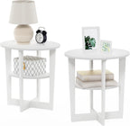 Furinno Jaya Side Table Set of 2, 2-Tier Round Modern End Table with Oval Tabletop, Night Stand, Bedside Table with Open Shelf, for Living Room, Bedroom, Plain White