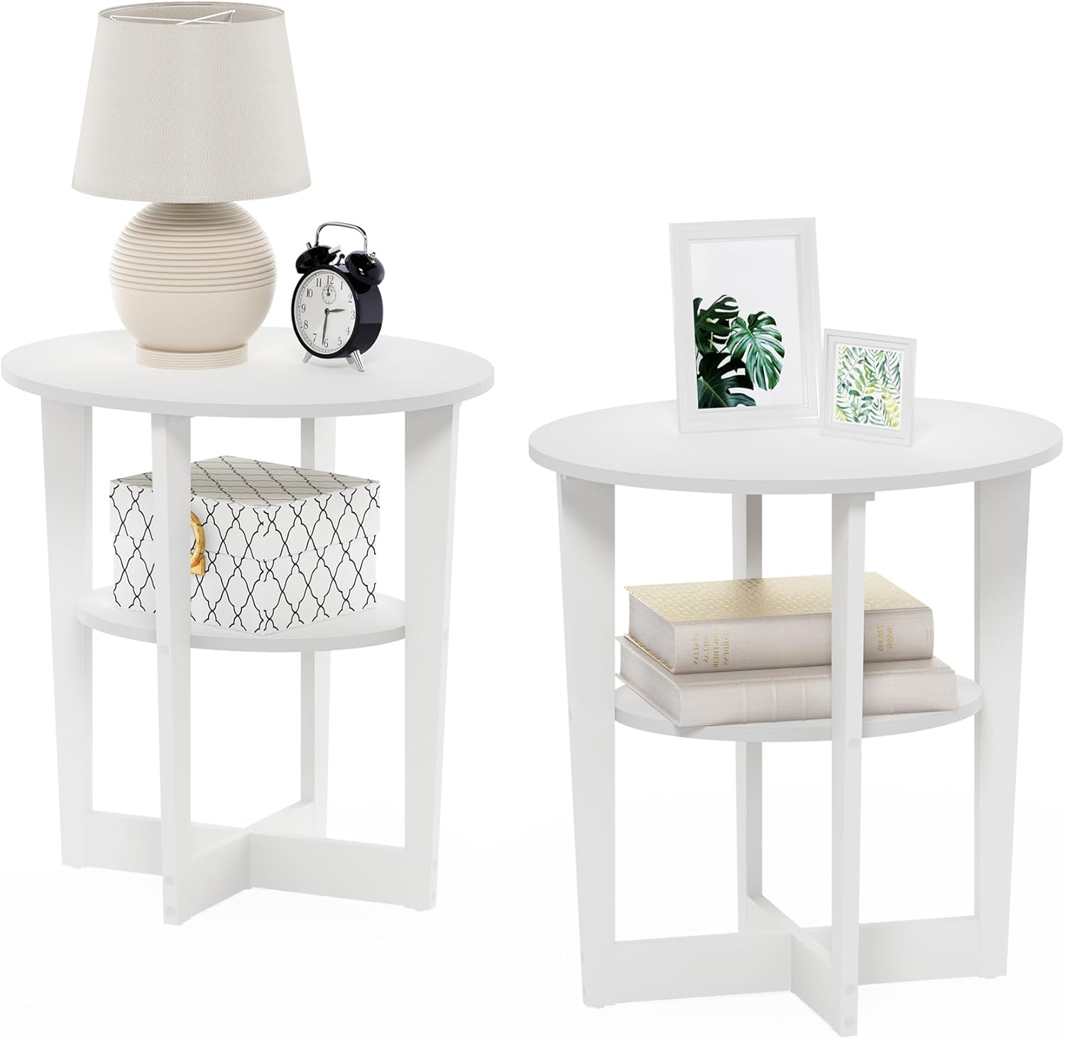 Furinno Jaya Side Table Set of 2, 2-Tier Round Modern End Table with Oval Tabletop, Night Stand, Bedside Table with Open Shelf, for Living Room, Bedroom, Plain White