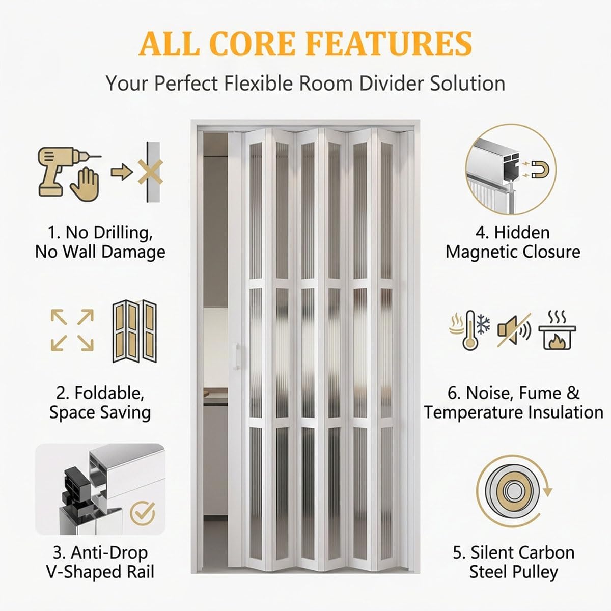 Sliding Folding Door for Room Divider with Acrylic Panels(WxH 58x80in/147.3x203in)