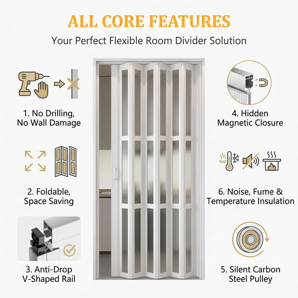 PVC Folding Accordion Door for Room Divider & Interior Spaces(WxH 20x80in/50.8x203in)