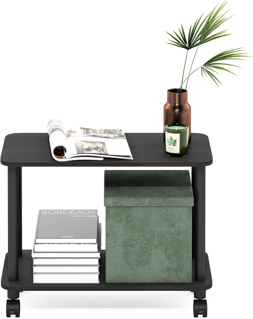 Furinno Turn-N-Tube Side Table, 2-Tier Sofa End Table with Wheels, Toolless Assembly Night Stand, Bedside Table with Open Shelf, for Living Room, Bedroom, Dark Espresso