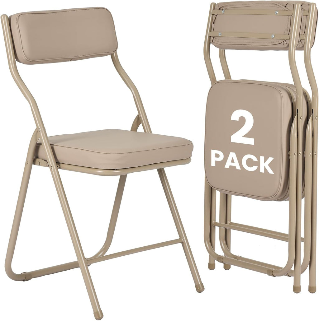 2 Pack Padded Folding Chairs with Cushion, Foldable Dining Chair Set Portable Indoor Outdoor Stackable Folding Chairs with Steel Frame for Home Office Events Wedding Party Khaki