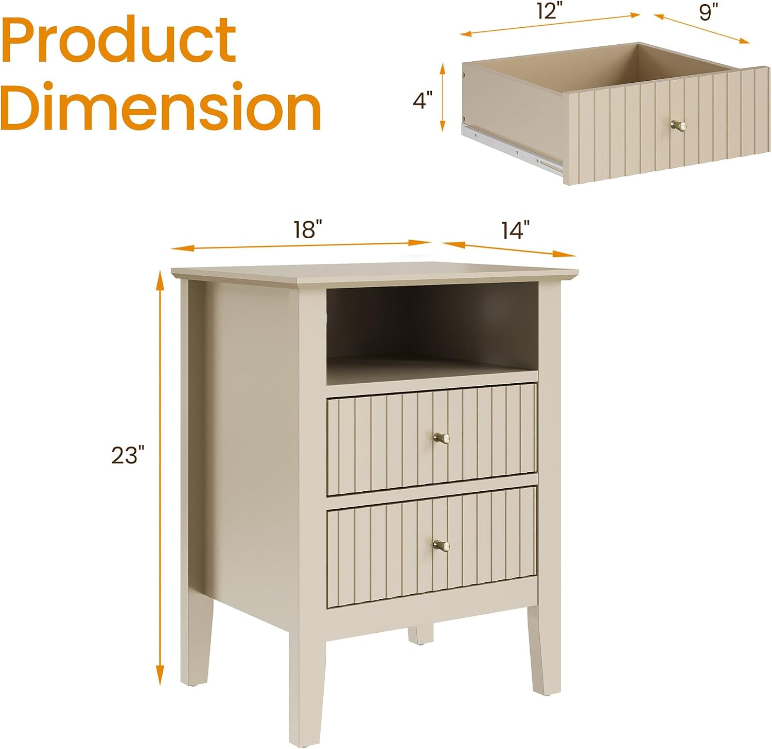 RoyalCraft Beige Fluted Nightstand with 2 Drawers, Colorful Nightstand for Bedroom, Modern Wooden End Table with Storage for Small Spaces, Tall Side Sofa Table for Couch, Home Office