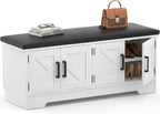 Farmhouse Shoe Storage Bench with Cushion - 43.3" Entryway Bench with Storage & 4 Barn Doors, 2-Tier Wooden Shoe Rack Bench, Hidden Shoe Cabinet & Mudroom Bench for Bedroom Hallway Living Room, White