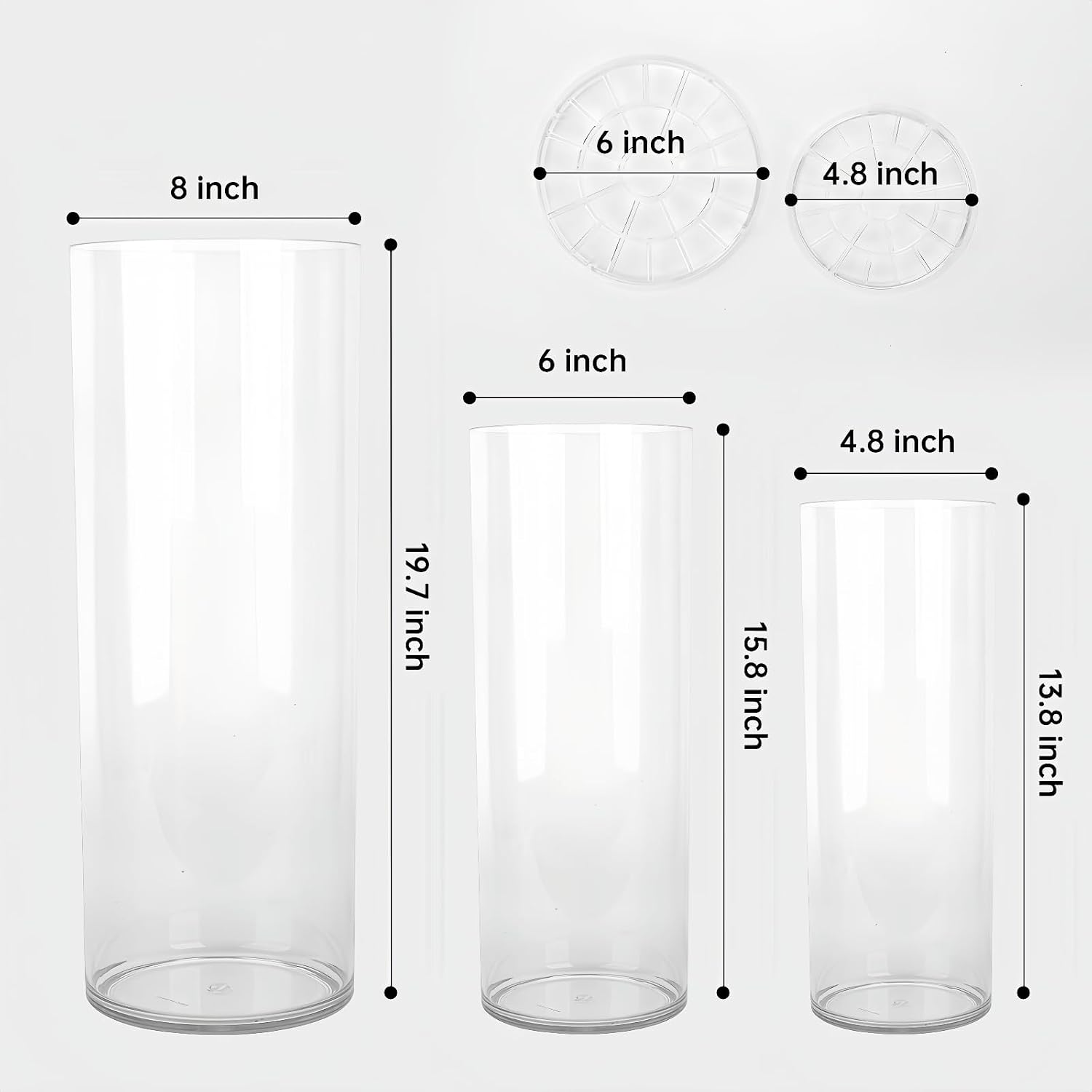 Extra Large Acrylic Cylinder Clear Vase for Floor, Tall Big Wide Mouth Plastic Unbreakable Hurricane Flower Vases of 3 for Home Decor (D 8" X H 19.7", D 6", D 4.8" + 2 Holder)