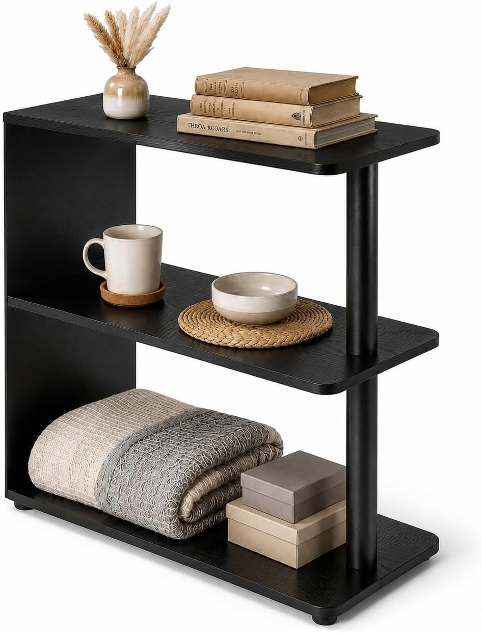 3-Tier Narrow End Table, Industrial Slim Side Table for Small Spaces, Sofa Couch Table Accent Nightstand with Storage Shelves for Living Room, Bedroom, 22.5" L x 10" W x 21.5" H, Black