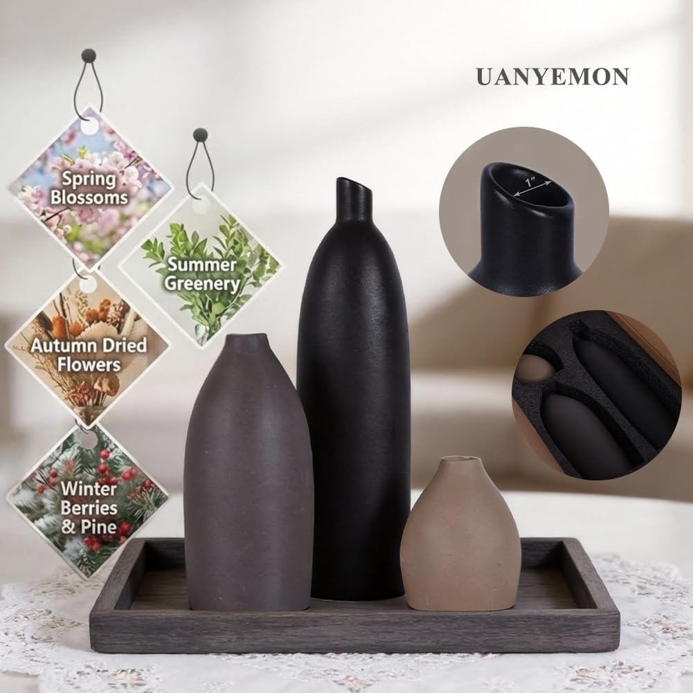 Ceramic Vase Set of 3 - Modern Boho Farmhouse Home Decor Flower Vases for Living Room, Kitchen Island, Dining Table Centerpiece Decor, Office Shelf, Fireplace Mantle Decorations (Black Taupe Mix)