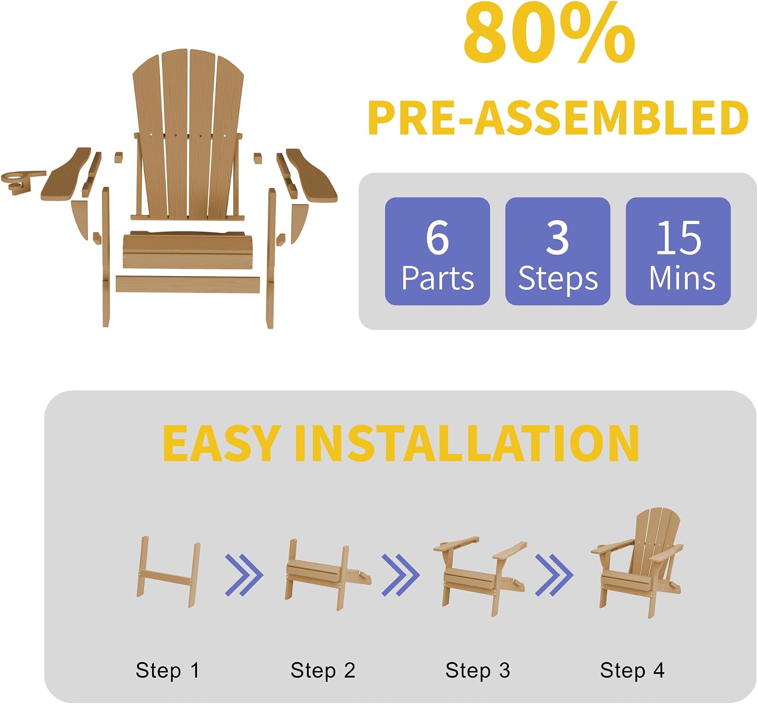 Kingdura Foldable Adirondack Chair, Portable HDPE All Weather Resistant Outdoor Patio Chairs, Wooden Textured with Cup Holder, 380LBS Capacity for Poolside, Backyard, Deck, Fire Pit (Brown)