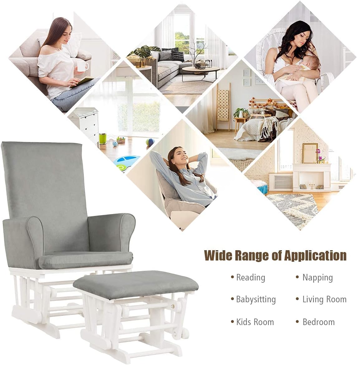 LDAILY LUARANE Hoop Glider and Ottoman Cushion Set, Wooden Rocking Nursery Chair with Cushioned Armrests Detachable Cover, Upholstered Glider with Nursing Ottoman for Napping Nursing Reading (Grey)