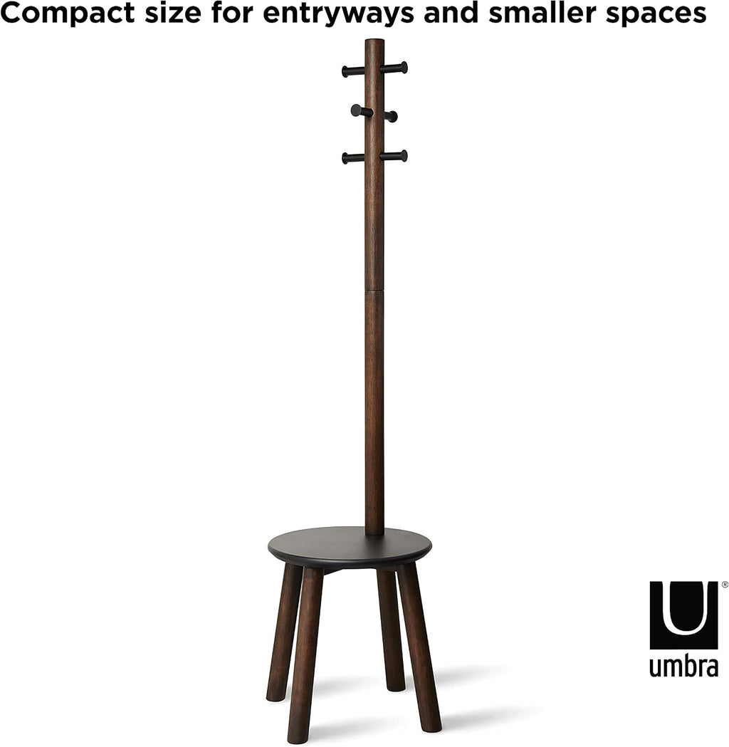 Umbra Pillar Coat Rack with Stool, Freestanding 6 Hooks, Black/Walnut | Rubberwood and metal construction, space-saving vertical design, no tools assembly, holds bags or plants