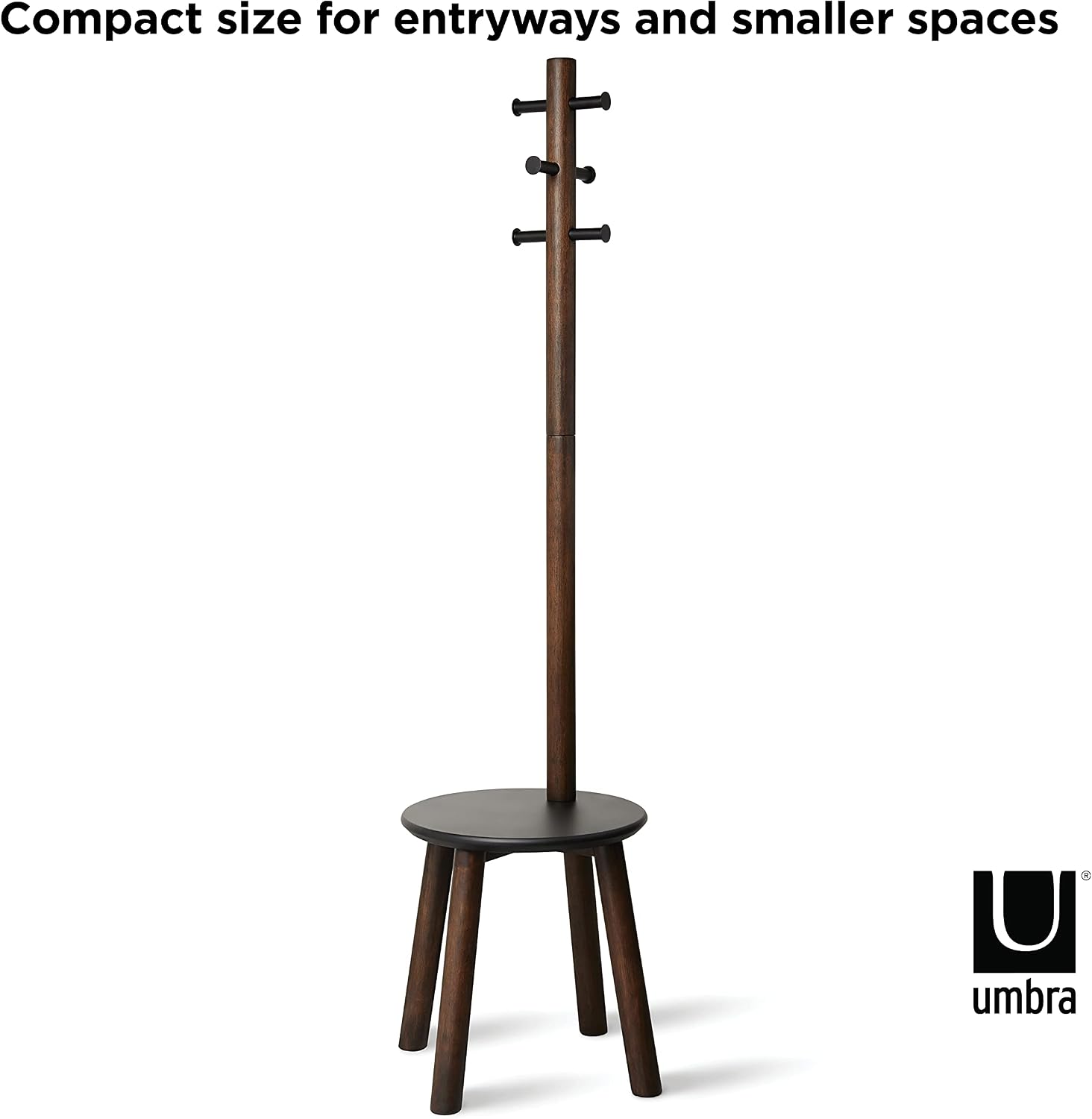 Umbra Pillar Coat Rack with Stool, Freestanding 6 Hooks, Black/Walnut | Rubberwood and metal construction, space-saving vertical design, no tools assembly, holds bags or plants