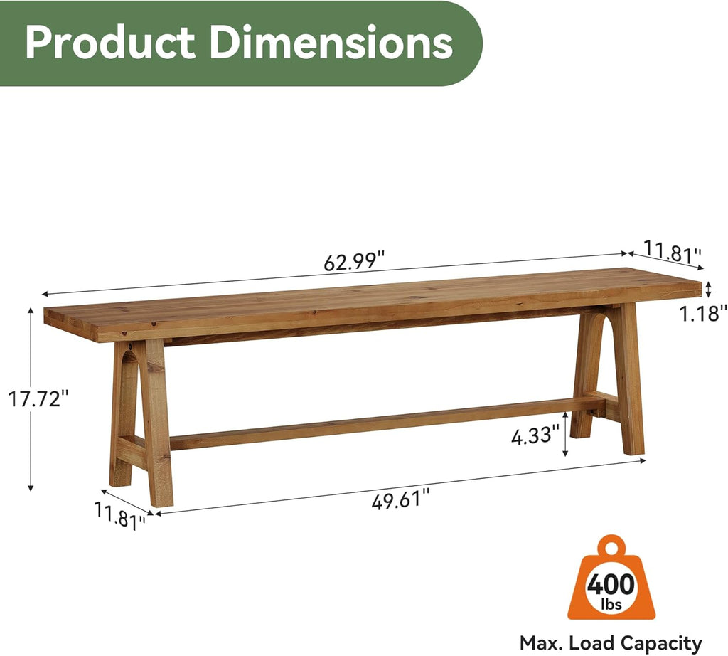 Solid Wood Dining Bench, 63 Inch Long Farmhouse Kitchen Bench for Dining Room, Kitchen, Easy to Assemble, Brown