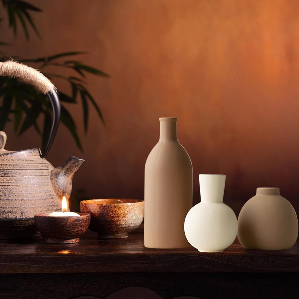 Ceramic Vase Set of 3, Modern Minimalist Farmhouse Style Home Decor Vases, Ideal for Pampas Grass & Dried Flowers, Perfect for Kitchen, Bedroom, Living Room & Dining Table Centerpiece(Brown)