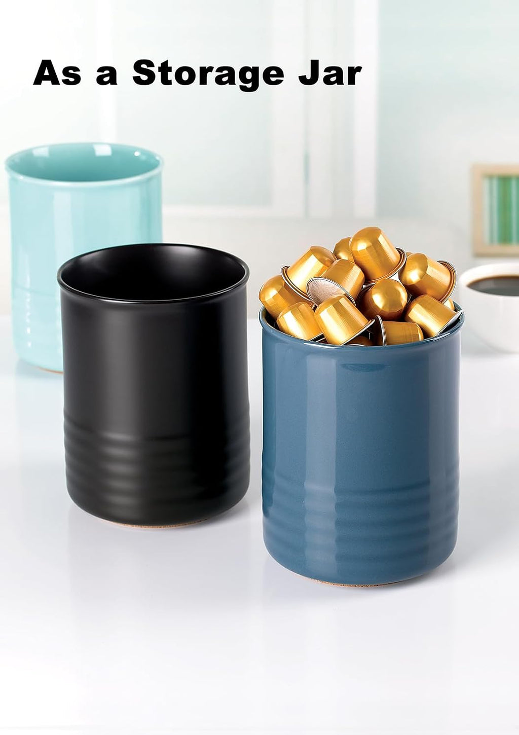 ABRUTY Utensil Holder, 6.7" Ceramic Kitchen Utensil Crock for Countertop Cooking, Modern Utensil Caddy Jar Organizer for Farmhouse Kitchen Counter Décor, Blue