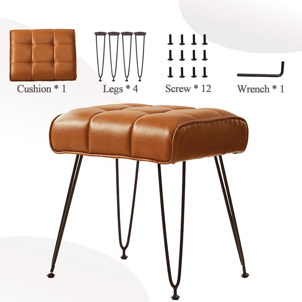 EBENCHICO PU Leather Vanity Stools, Vanity Stool Chairs for Makeup Faux Leather Foot Stools Ottoman with Metal Leg Make up Chairs for Vanity Small Bench Seat for Living Room Bedroom (Yellow Brown)