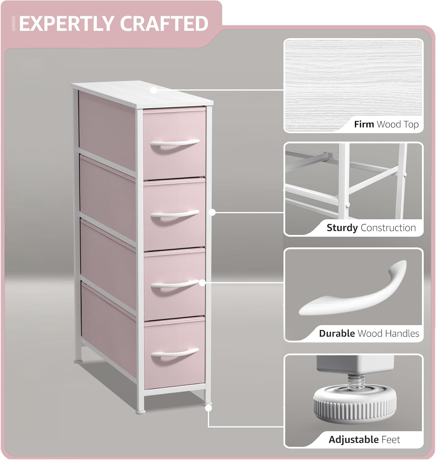 Sorbus Kids Narrow Dresser with 4 Drawers - Vertical Slim Storage Chest of Drawers with Steel Frame, Wood Top & Easy Pull Fabric Bins for Small Spaces, Closets, Bedroom, Bathroom & Laundry