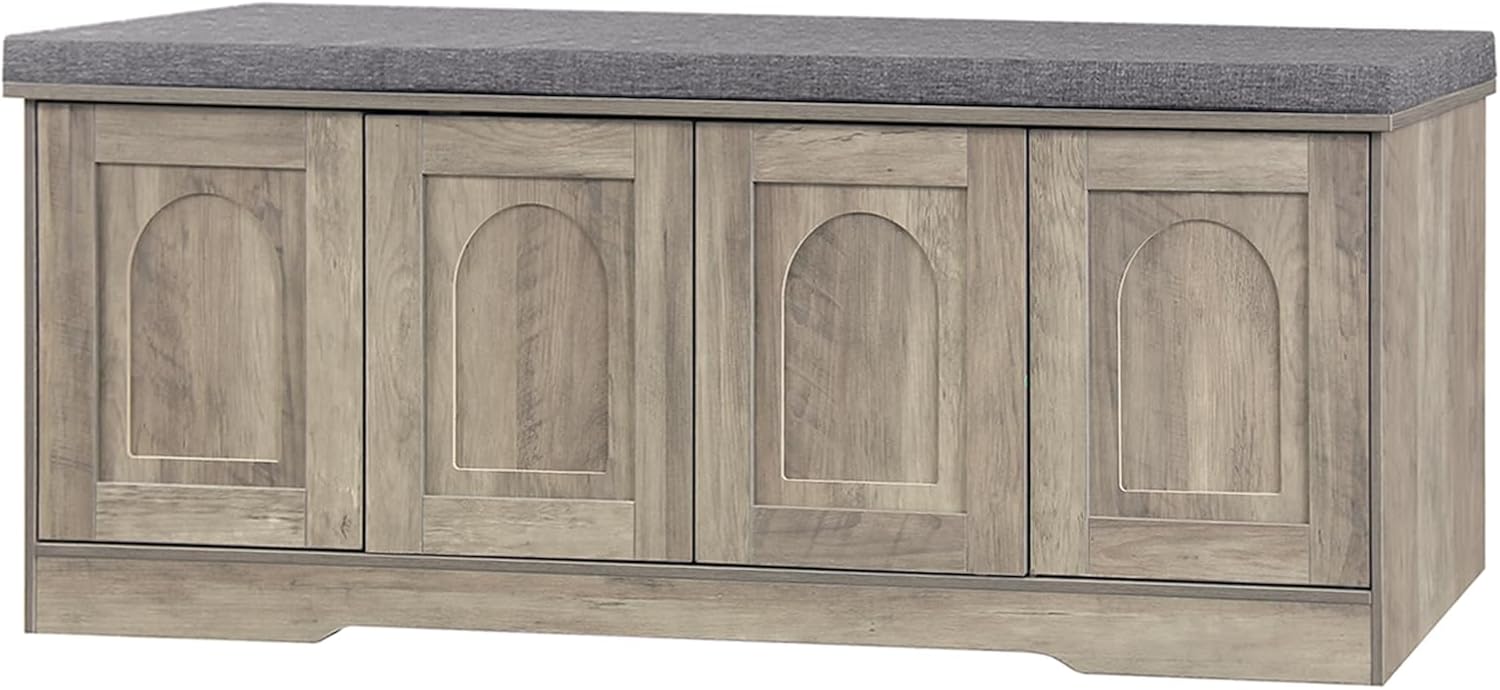 DINZI LVJ Shoe Bench, Entryway Storage Bench with Doors, Cushion, 2-Tier Shoe Rack with 8-Cubby, 47.2”L x 13.8”W Shoe Organizer Cabinet, Adjustable Shelf, Living Room, Bedroom, Gray Wash