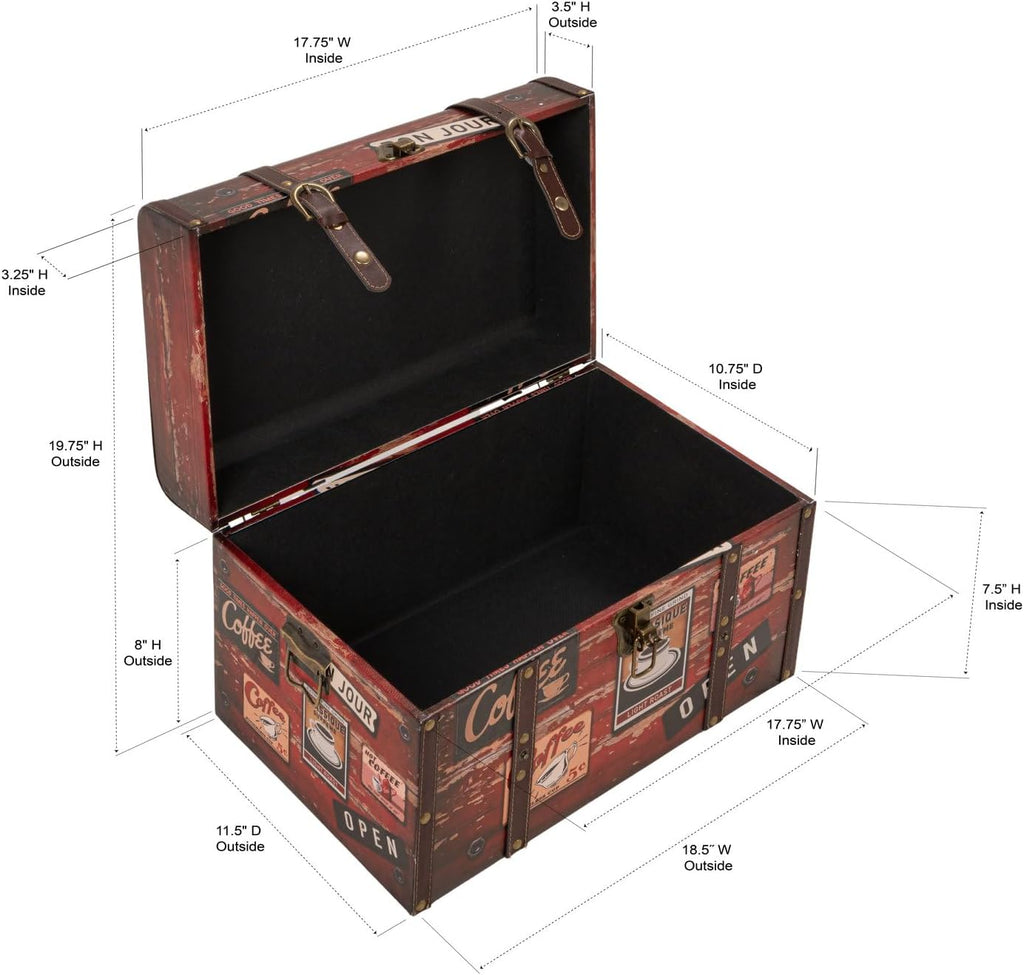 Household Essentials Medium Decorative Storage Trunk Faux Decoupage with Leather and Metal Accents, Antique Brown