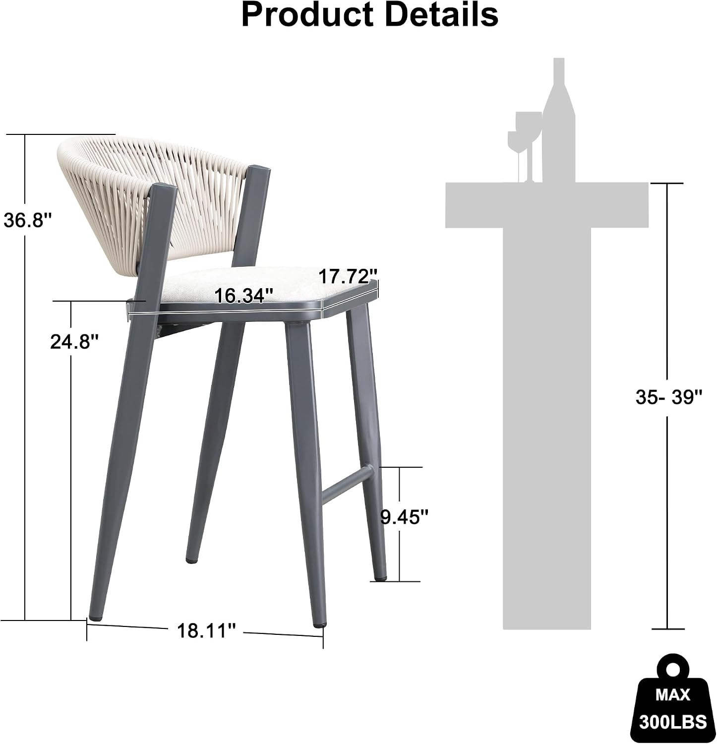 PURPLE LEAF Counter Height Bar Stool Set of 2 Patio Bar Stools Bar Height Stools Contemporary Wicker Barstools for Garden Lawn Grey Island Chair