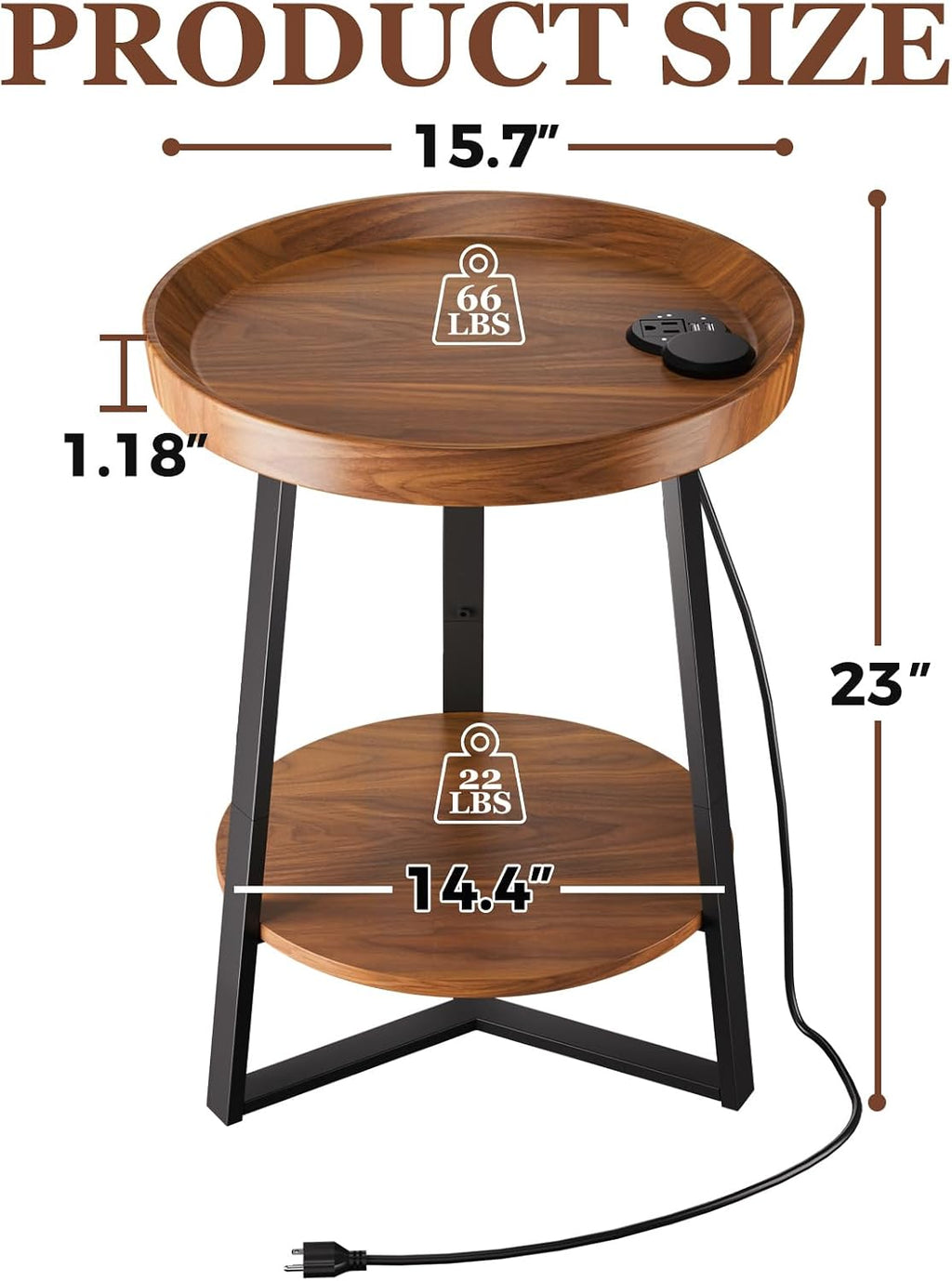 Gadroad Round End Table with Charging Station, Wood Tabletop & Black Metal Frame, 2 Tier Farmhouse Side Table Nightstand for Living Room, Bedroom, Brown 15.7 * 15.7 * 23.0inches
