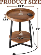 Gadroad Round End Table with Charging Station, Wood Tabletop & Black Metal Frame, 2 Tier Farmhouse Side Table Nightstand for Living Room, Bedroom, Brown 15.7 * 15.7 * 23.0inches