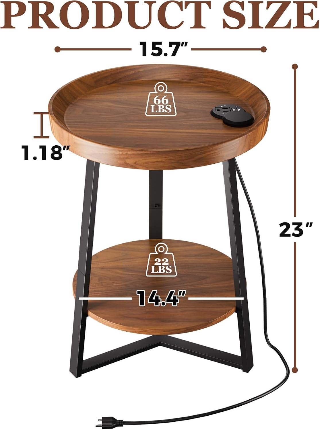 Gadroad Round End Table with Charging Station, Wood Tabletop & Black Metal Frame, 2 Tier Farmhouse Side Table Nightstand for Living Room, Bedroom, Brown 15.7 * 15.7 * 23.0inches