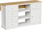 RoyalCraft 59'' Kitchen Island with Storage and Drop Leaf, Kitchen Island Table, Coffee Station Cabinet with Solid Rubber Wood Top, Pull-Out Trays, Drawers, Adjustable Shelves, Power Outlet, White