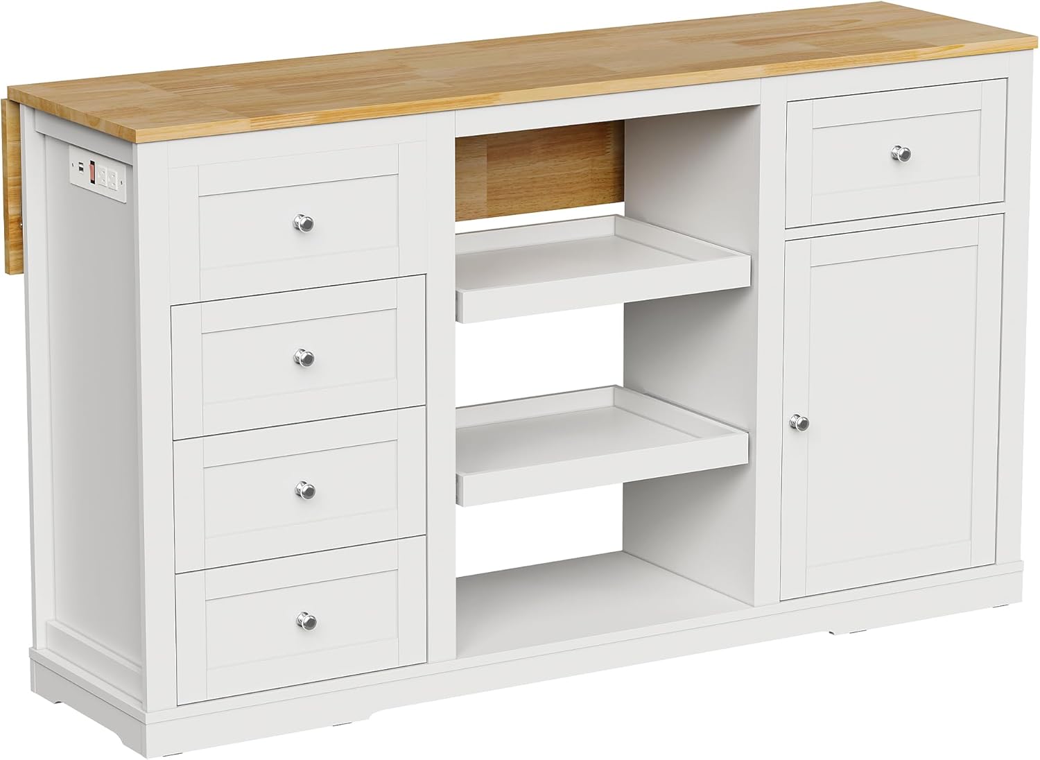 RoyalCraft 59'' Kitchen Island with Storage and Drop Leaf, Kitchen Island Table, Coffee Station Cabinet with Solid Rubber Wood Top, Pull-Out Trays, Drawers, Adjustable Shelves, Power Outlet, White