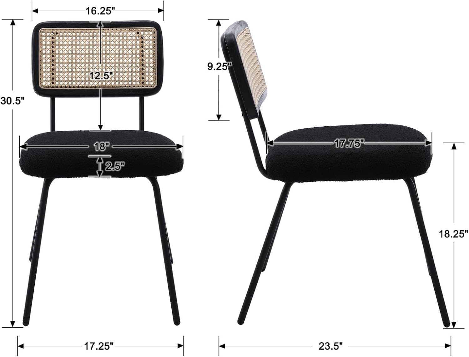 Rattan Woven Back Dining Chairs Set of 4, Black Sherpa Upholstered Kitchen Dining Room Chairs with Metal Legs