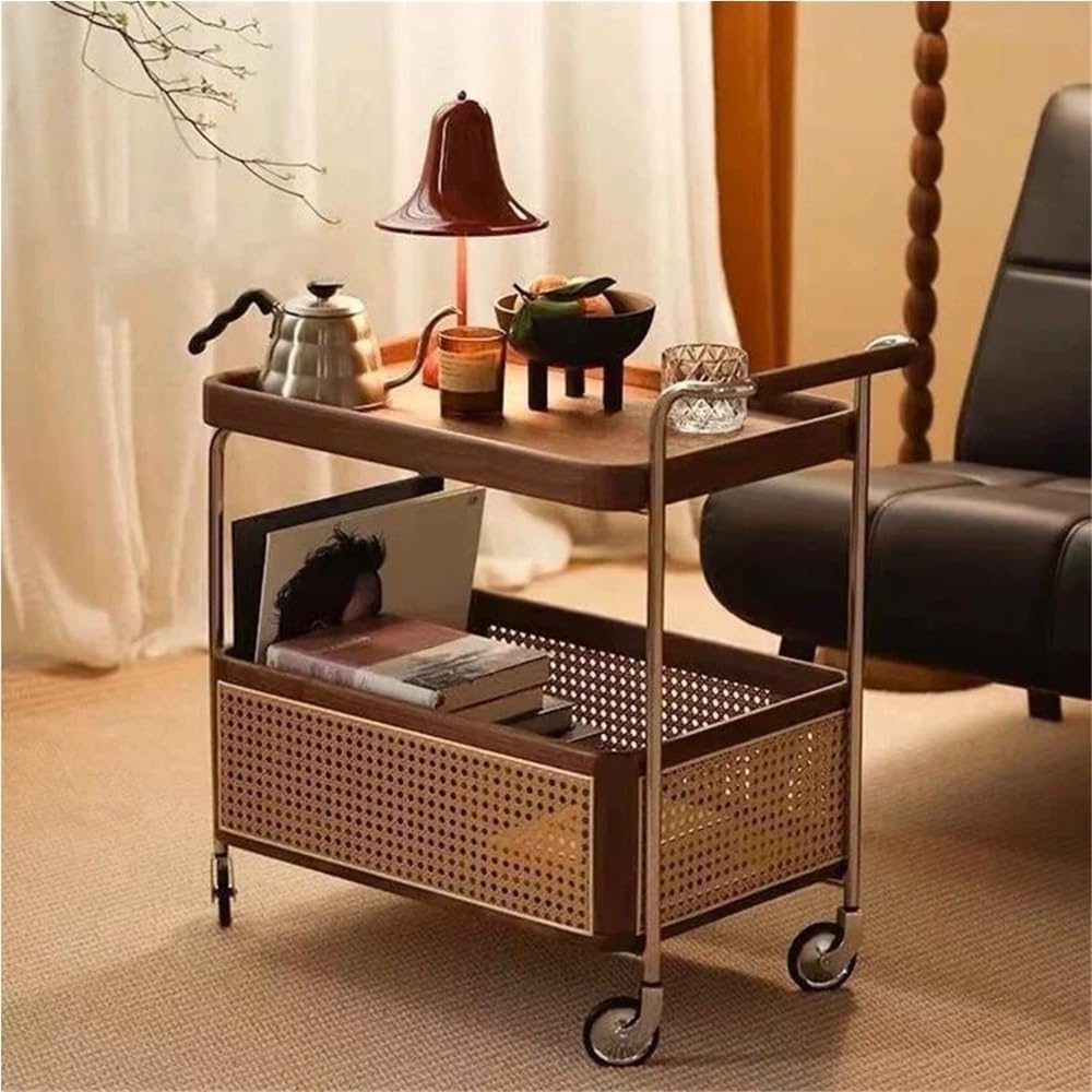 End Table Storage Trolley - 2-Layer Moveable Coffee Bedside Table with Casters for Living Room and Kitchen