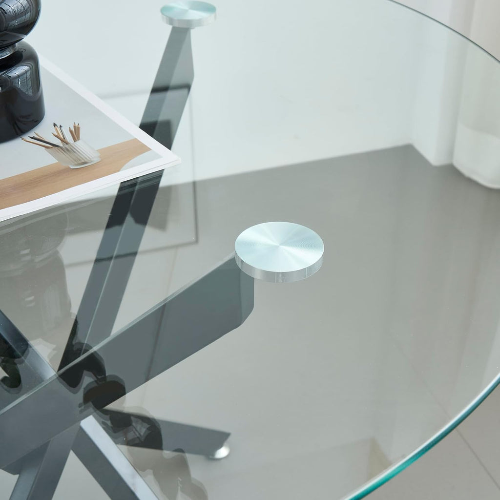 Modern Glass Dining Table Round Dining Room Table with Tempered Glass Top, Black Metal Legs Circle Kitchen Dining Room Table Home Furniture, 36" D x 36" W x 30" H
