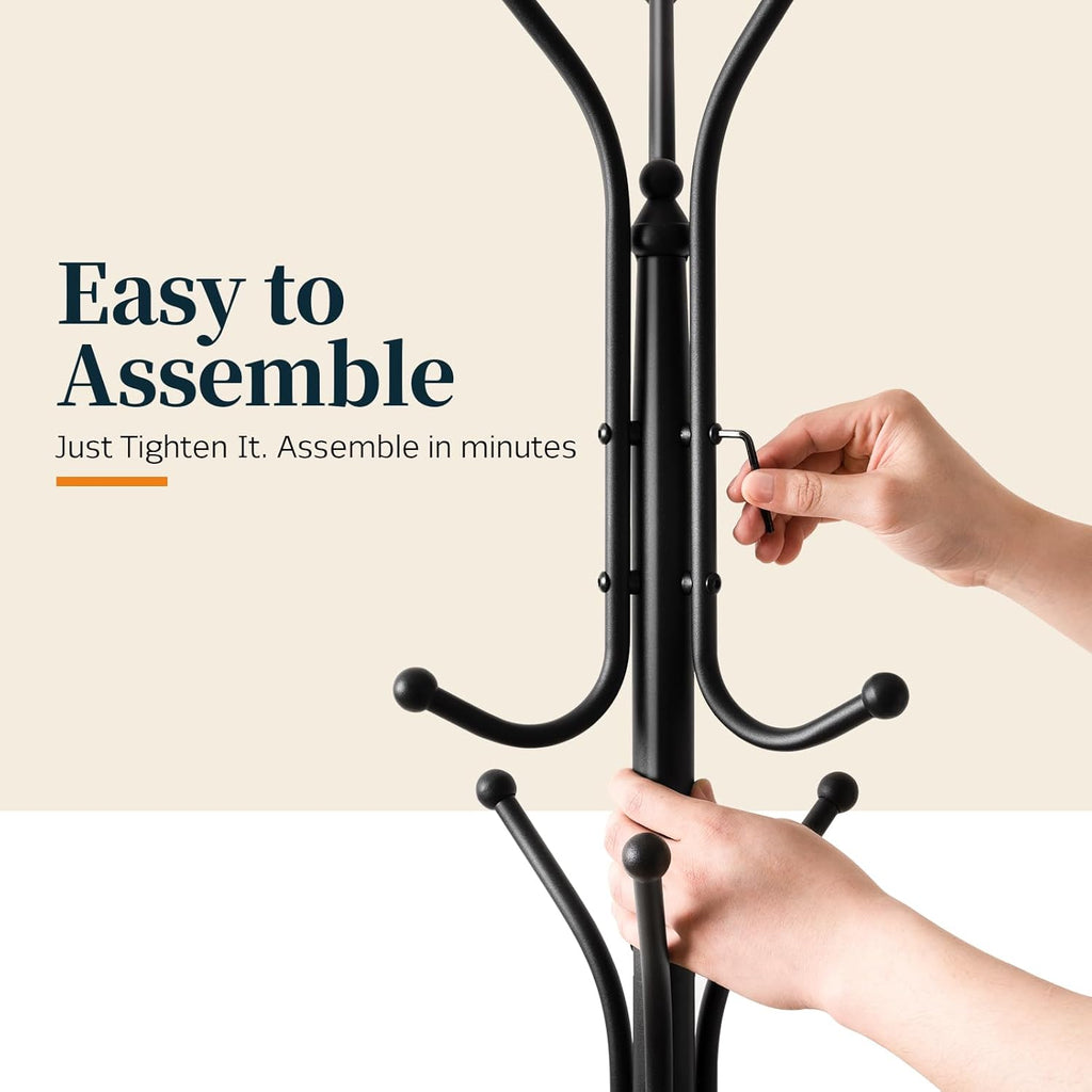 Yoobure Metal Coat Rack Freestanding with Marble Base, Coat Tree with 12 Hooks & Umbrella Holder, Coat Hanger Stand for Corner Entryway Bedroom Office, Heavy Duty Coat Rack Stand for Clothes Hats Bags