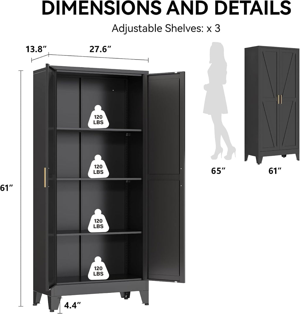 COFaR 61" Metal Pantry Cabinet in Black, Modern Storage Cabinet with Adjustable Shelves, Sturdy Metal Cupboard for Kitchen, Office, Living Room & Bathroom Organization