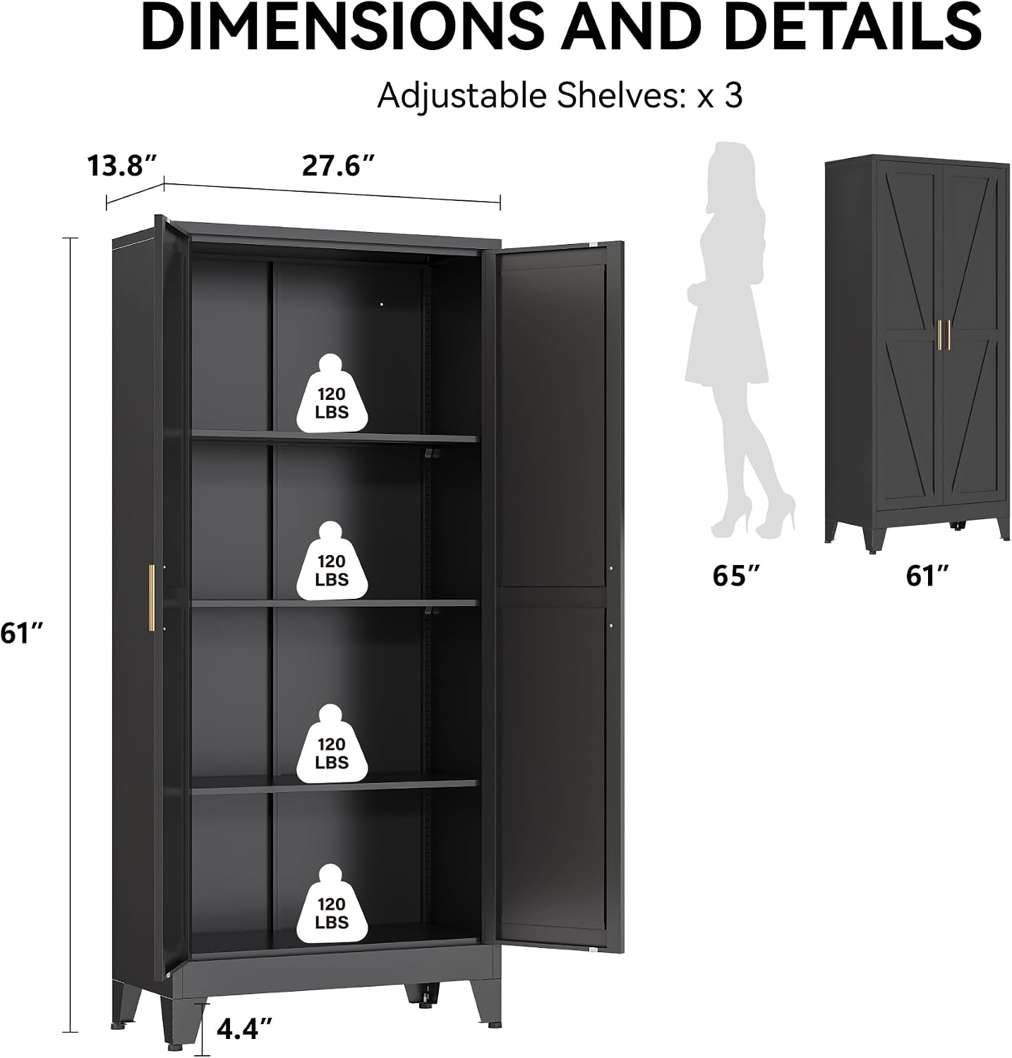 COFaR 61" Metal Pantry Cabinet in Black, Modern Storage Cabinet with Adjustable Shelves, Sturdy Metal Cupboard for Kitchen, Office, Living Room & Bathroom Organization